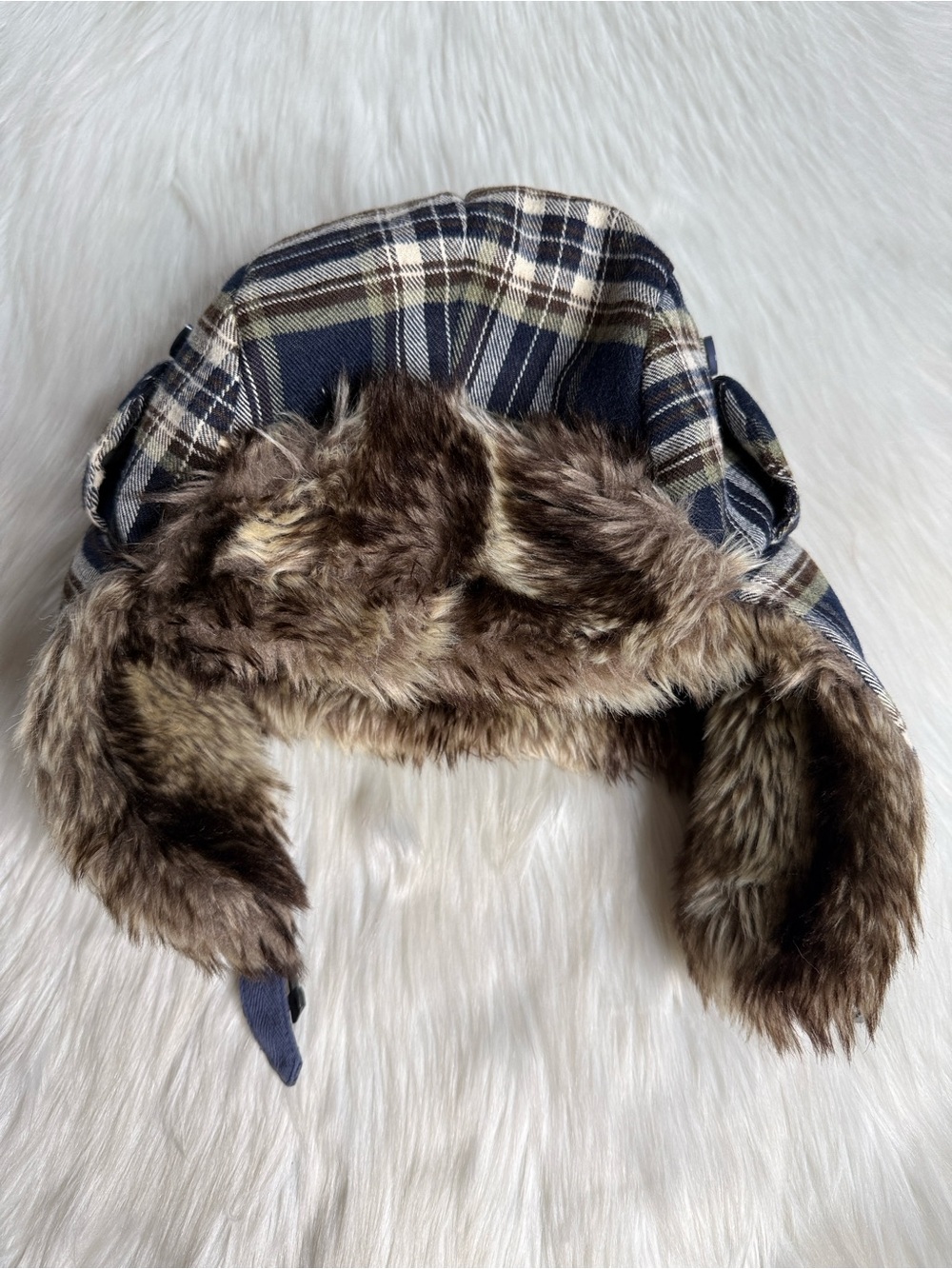Navy and Brown Plaid Faux Fur Lined Reversible Trapper Hat